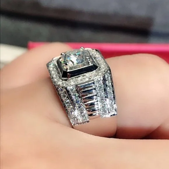 💝 Fever Square Glitter Zircon Silver Chunky Wedding Rings for Man, PD663